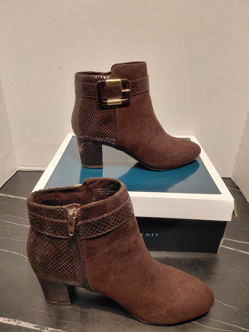 Karen Scott Brown Suede Ankle Booties with Snake-Textured Trim
